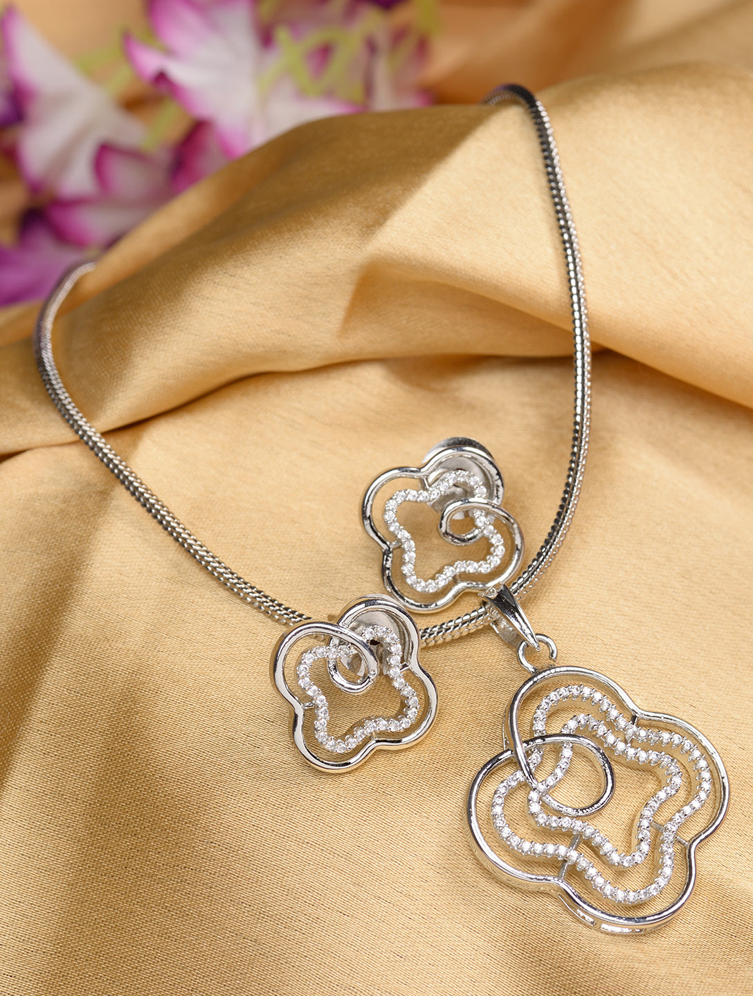 White Rhodium AD studded Floral design Pendant Earrings set chain, zaveri pearls, sale price rs, sale price, sale gold plated, sale gold, sale, rubans, ring, regular price, priyassi jewellery